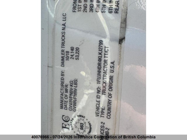 40076966 :رقم المزاد ، 1FUJHHDR4KLKJ2799 vin ، 2019 Freightliner New Cascadia 126 مزاد بيع