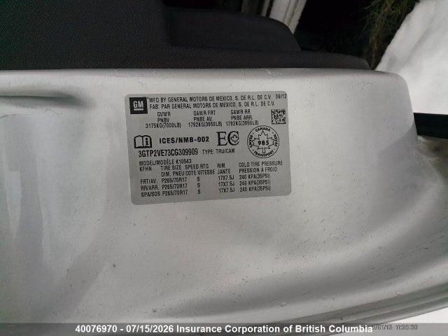 Aukcja sprzedaży 2012 Gmc Sierra K1500 Sle, vin: 3GTP2VE73CG309909, numer aukcji: 40076970