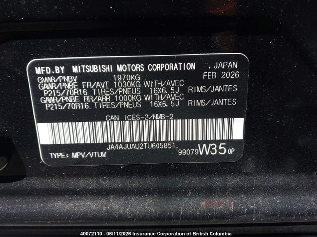Aukcja sprzedaży 2026 Mitsubishi Rvr Es, vin: JA4AJUAU2TU605851, numer aukcji: 40072110