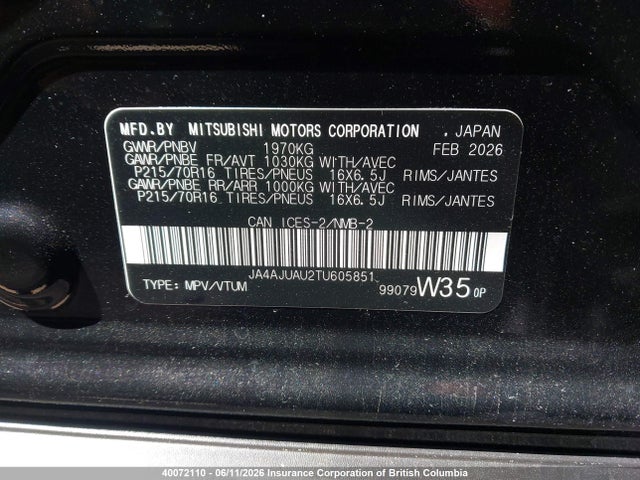 Aukcja sprzedaży 2026 Mitsubishi Rvr Es, vin: JA4AJUAU2TU605851, numer aukcji: 40072110