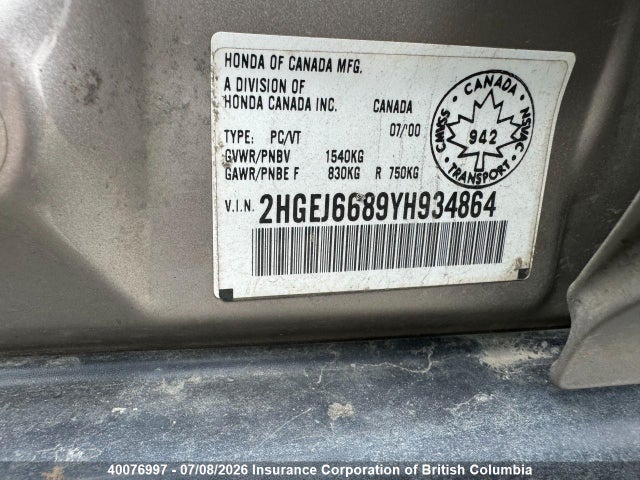Aukcja sprzedaży 2000 Honda Civic, vin: 2HGEJ6689YH934864, numer aukcji: 40076997