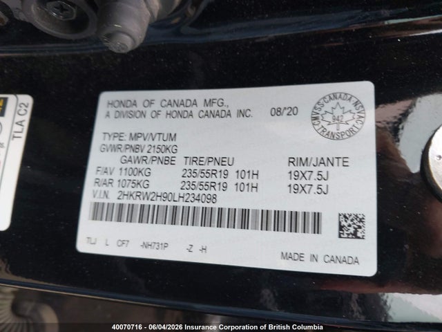 Aukcja sprzedaży 2020 Honda Cr-v Touring, vin: 2HKRW2H90LH234098, numer aukcji: 40070716