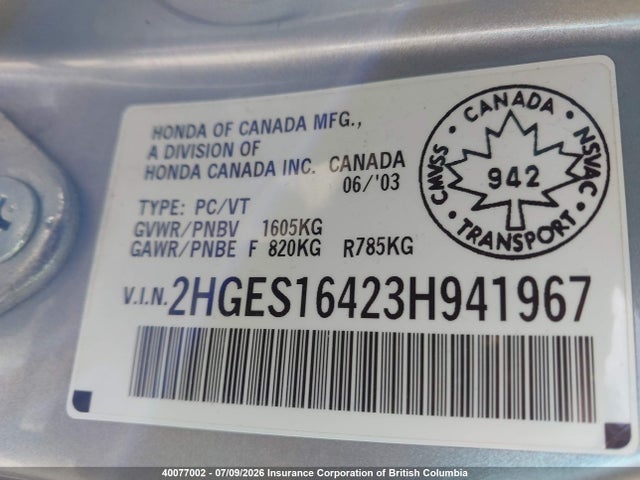 2003 Honda Civic მანქანა იყიდება აუქციონზე, vin: 2HGES16423H941967, აუქციონის ნომერი: 40077002