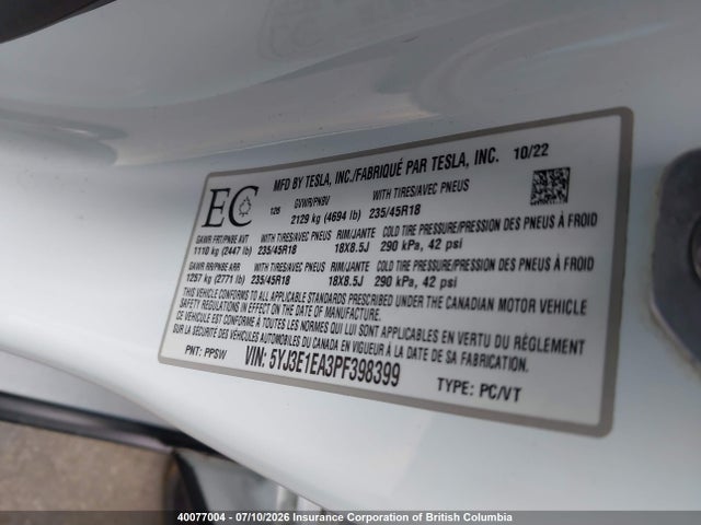 Tesla MODEL 3 2023 5YJ3E1EA3PF398399 Image 9