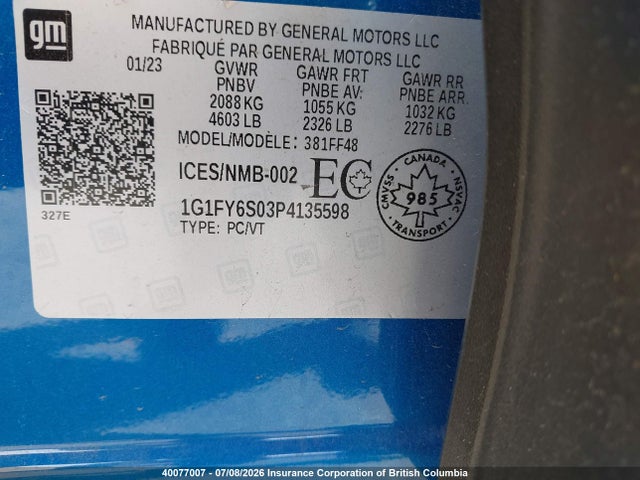40077007 :رقم المزاد ، 1G1FY6S03P4135598 vin ، 2023 Chevrolet Bolt Euv Lt مزاد بيع