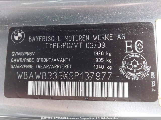2009 Bmw 328i მანქანა იყიდება აუქციონზე, vin: WBAWB335X9P137977, აუქციონის ნომერი: 40077009