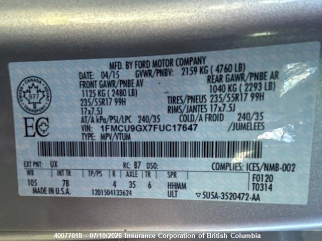 40077018 :رقم المزاد ، 1FMCU9GX7FUC17647 vin ، 2015 Ford Escape Se مزاد بيع