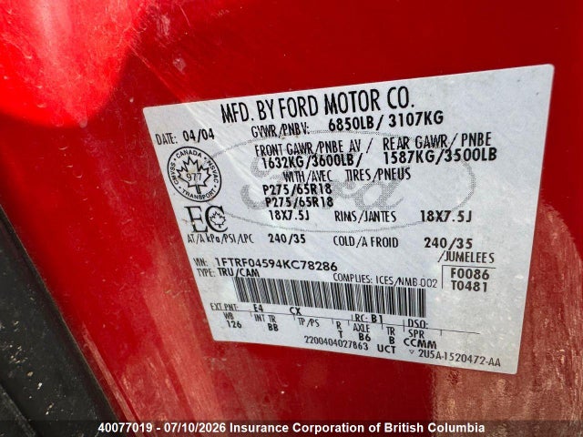 40077019 :رقم المزاد ، 1FTRF04594KC78286 vin ، 2004 Ford F150 مزاد بيع