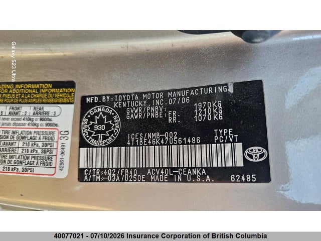 2007 Toyota Camry Le/se მანქანა იყიდება აუქციონზე, vin: 4T1BE46K47U561486, აუქციონის ნომერი: 40077021