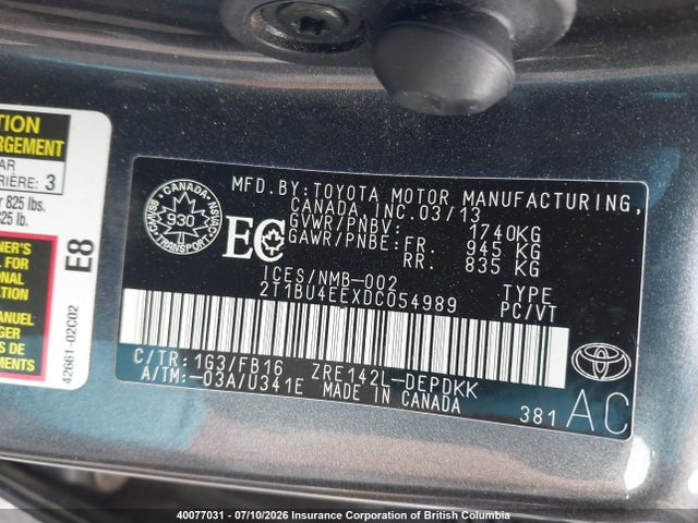 2013 Toyota Corolla S/le მანქანა იყიდება აუქციონზე, vin: 2T1BU4EEXDC054989, აუქციონის ნომერი: 40077031