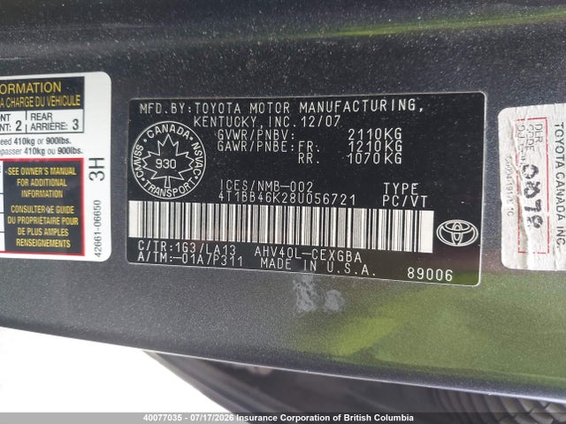 Продаж на аукціоні авто 2008 Toyota Camry, vin: 4T1BB46K28U056721, номер лоту: 40077035