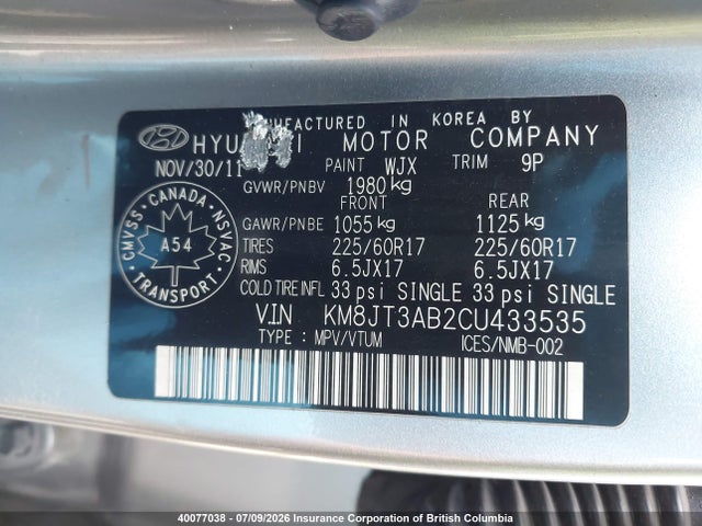 40077038 :رقم المزاد ، KM8JT3AB2CU433535 vin ، 2012 Hyundai Tucson L مزاد بيع