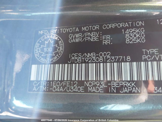 Продаж на аукціоні авто 2008 Toyota Yaris, vin: JTDBT923081237718, номер лоту: 40077040