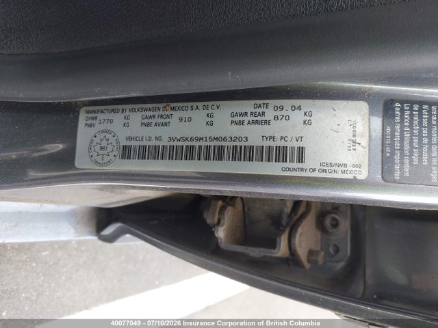 40077049 :رقم المزاد ، 3VWSK69M15M063203 vin ، 2005 Volkswagen Jetta مزاد بيع