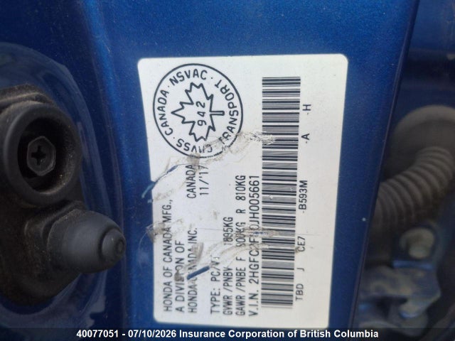 Продаж на аукціоні авто 2018 Honda Civic, vin: 2HGFC2F80JH005661, номер лоту: 40077051