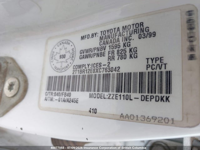 Продажа на аукционе авто 1999 Toyota Corolla Ve/ce/le, vin: 2T1BR12E8XC763042, номер лота: 40077055