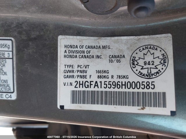 Продаж на аукціоні авто 2006 Honda Civic, vin: 2HGFA15596H000585, номер лоту: 40077060