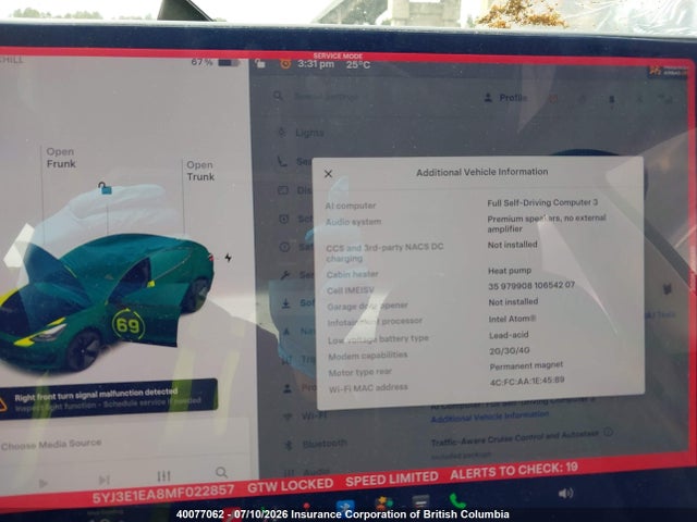 5YJ3E1EA8MF022857 Tesla MODEL 3