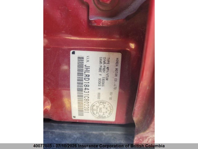 2001 Honda Cr-v მანქანა იყიდება აუქციონზე, vin: JHLRD18431C802201, აუქციონის ნომერი: 40077085