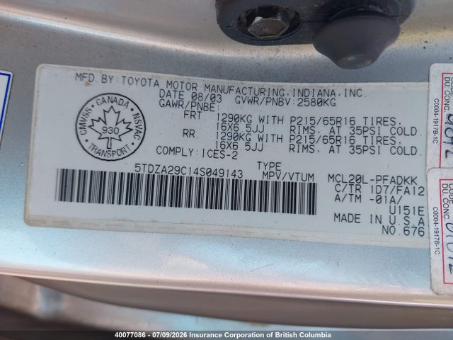 2004 Toyota Sienna Ce მანქანა იყიდება აუქციონზე, vin: 5TDZA29C14S049143, აუქციონის ნომერი: 40077086