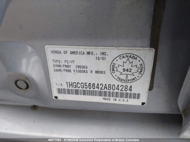 2002 Honda Accord Ex მანქანა იყიდება აუქციონზე, vin: 1HGCG56642A804284, აუქციონის ნომერი: 40077093