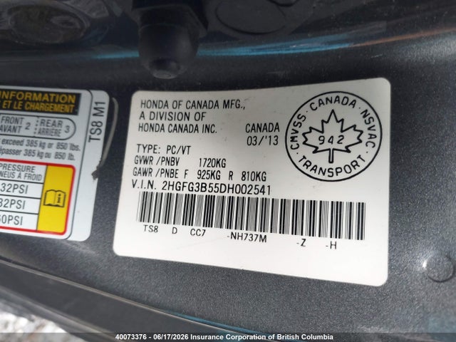 2013 Honda Civic Lx მანქანა იყიდება აუქციონზე, vin: 2HGFG3B55DH002541, აუქციონის ნომერი: 40073376