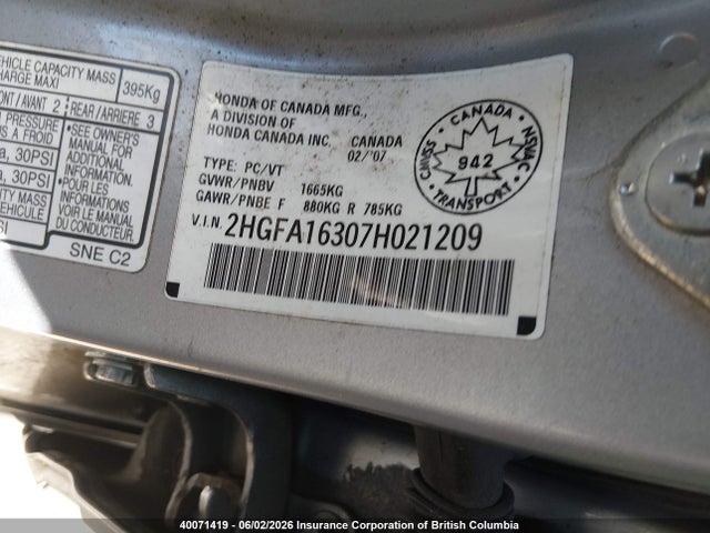 2007 Honda Civic Dx-g მანქანა იყიდება აუქციონზე, vin: 2HGFA16307H021209, აუქციონის ნომერი: 40071419