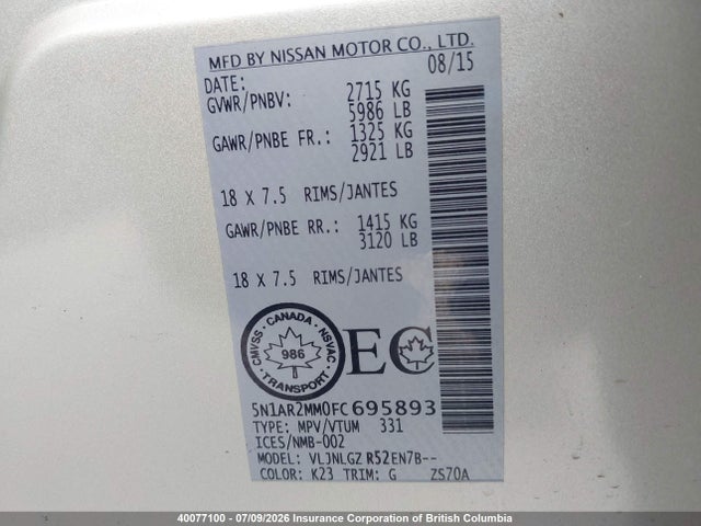 Aukcja sprzedaży 2015 Nissan Pathfinder S/sv/sl/platinum, vin: 5N1AR2MM0FC695893, numer aukcji: 40077100