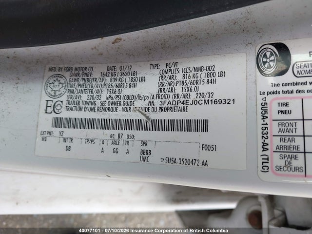 40077101 :رقم المزاد ، 3FADP4EJ0CM169321 vin ، 2012 Ford Fiesta Se مزاد بيع