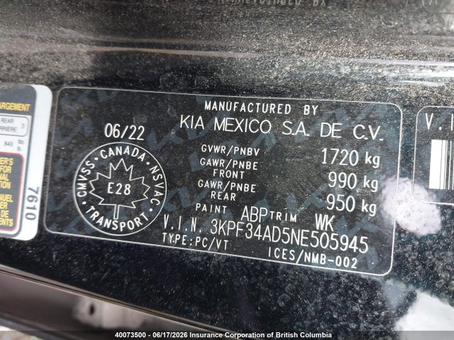 Aukcja sprzedaży 2022 Kia Forte Gt Line, vin: 3KPF34AD5NE505945, numer aukcji: 40073500