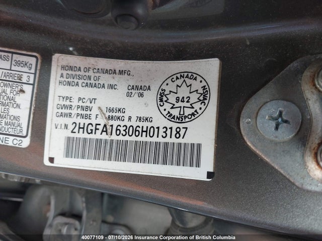 2006 Honda Civic მანქანა იყიდება აუქციონზე, vin: 2HGFA16306H013187, აუქციონის ნომერი: 40077109