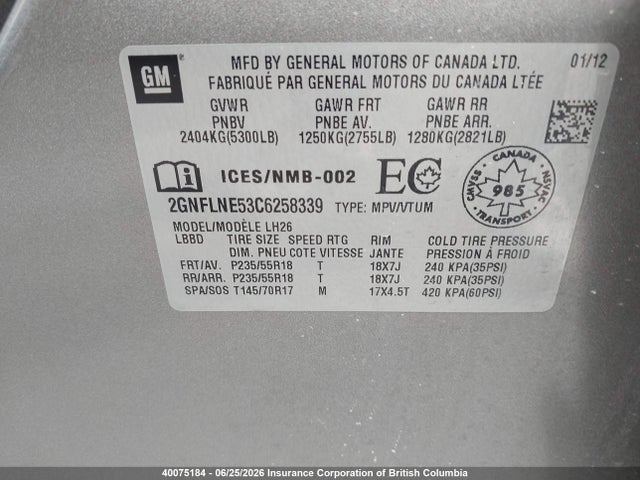 40075184 :رقم المزاد ، 2GNFLNE53C6258339 vin ، 2012 Chevrolet Equinox Lt مزاد بيع