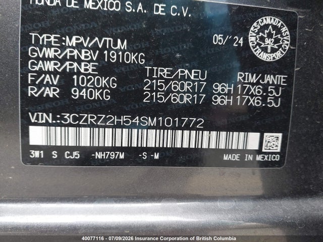 2025 Honda Hr-v მანქანა იყიდება აუქციონზე, vin: 3CZRZ2H54SM101772, აუქციონის ნომერი: 40077116