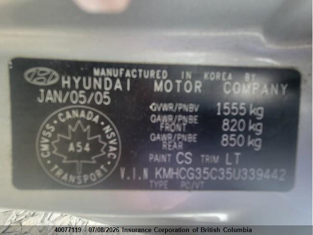 40077119 :رقم المزاد ، KMHCG35C35U339442 vin ، 2005 Hyundai Accent Gs مزاد بيع