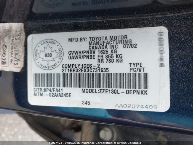 Продаж на аукціоні авто 2003 Toyota Corolla Ce/le/s, vin: 2T1BR32EX3C731635, номер лоту: 40077123