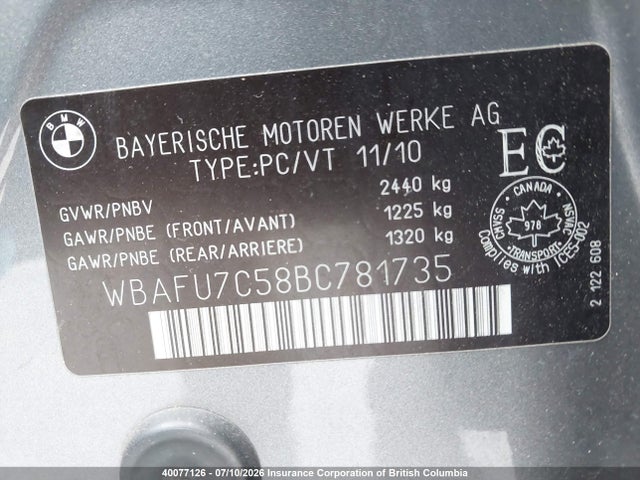 Продаж на аукціоні авто 2011 Bmw 535i, vin: WBAFU7C58BC781735, номер лоту: 40077126