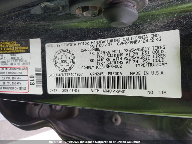 Продажа на аукционе авто 2007 Toyota Tacoma Double Cab, vin: 5TELU42N77Z404957, номер лота: 40077130