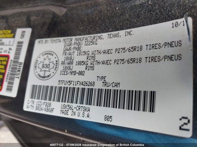 2015 Toyota Tundra Sr 5.7l V8 მანქანა იყიდება აუქციონზე, vin: 5TFUY5F11FX426268, აუქციონის ნომერი: 40077132
