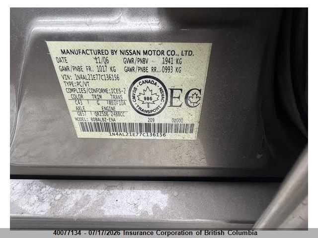 40077134 :رقم المزاد ، 1N4AL21E77C136156 vin ، 2007 Nissan Altima 2.5/2.5s مزاد بيع