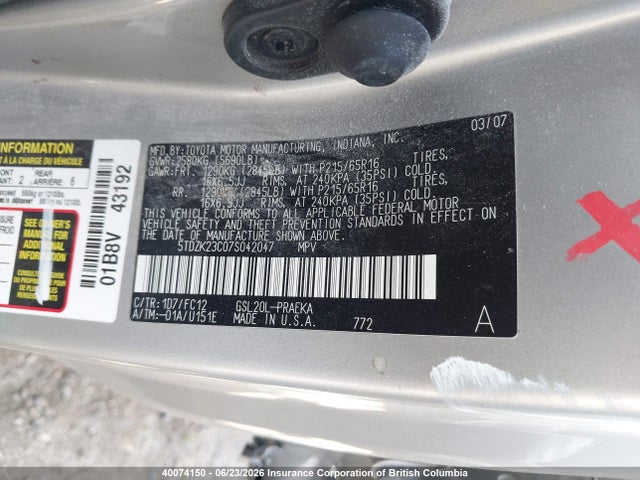 2007 Toyota Sienna Ce/le მანქანა იყიდება აუქციონზე, vin: 5TDZK23C07S042047, აუქციონის ნომერი: 40074150