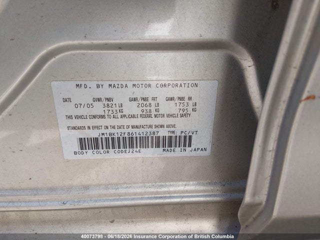40073798 :رقم المزاد ، JM1BK12F861412387 vin ، 2006 Mazda 3 I مزاد بيع