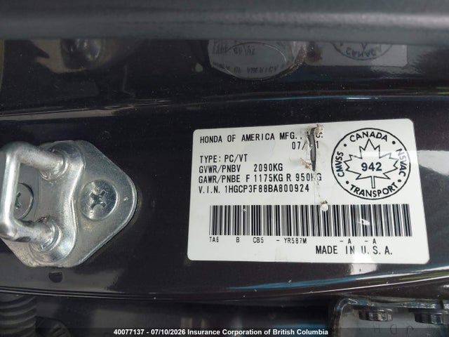 2011 Honda Accord Exl მანქანა იყიდება აუქციონზე, vin: 1HGCP3F88BA800924, აუქციონის ნომერი: 40077137