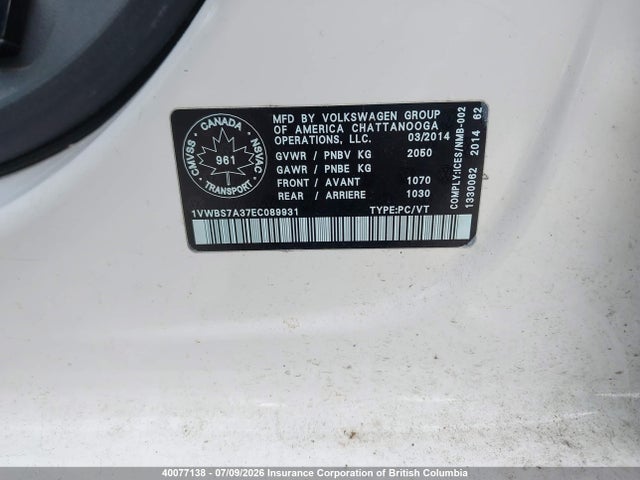 Volkswagen PASSAT SE 2014 1VWBS7A37EC089931 Image 9