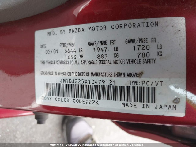 Продажа на аукционе авто 2001 Mazda Protege Lx/es, vin: JM1BJ225X10479121, номер лота: 40077144