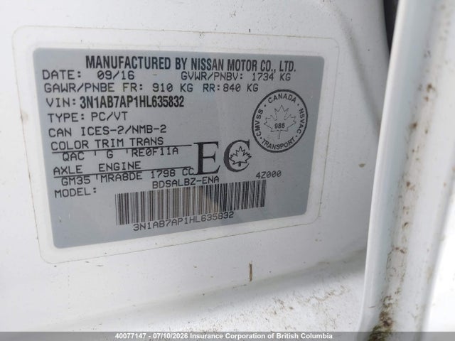 40077147 :رقم المزاد ، 3N1AB7AP1HL635832 vin ، 2017 Nissan Sentra 1.8 S/1.8 Sl/1.8 Sv مزاد بيع