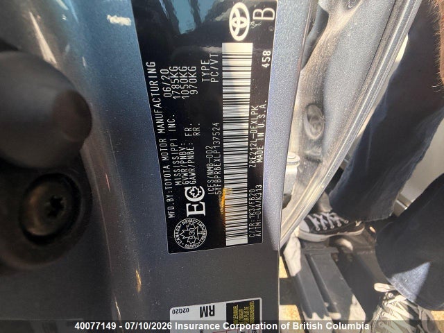 40077149 :رقم المزاد ، 5YFBPRBEXLP137524 vin ، 2020 Toyota Corolla Le مزاد بيع