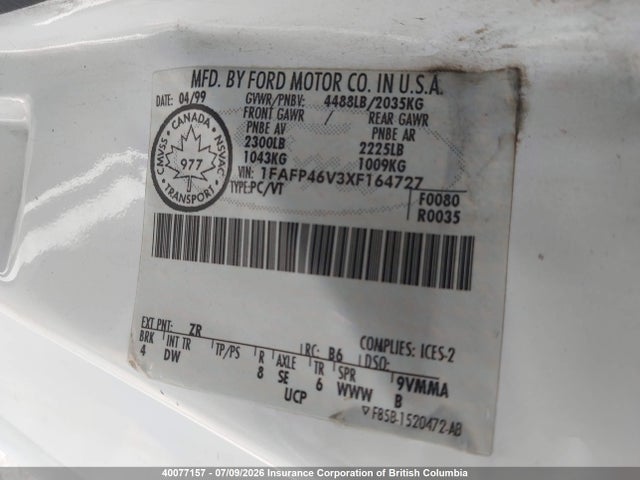 40077157 :رقم المزاد ، 1FAFP46V3XF164727 vin ، 1999 Ford Mustang Cobra Svt مزاد بيع
