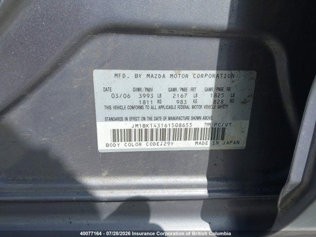 Aukcja sprzedaży 2006 Mazda 3 Hatchback, vin: JM1BK143161508655, numer aukcji: 40077164