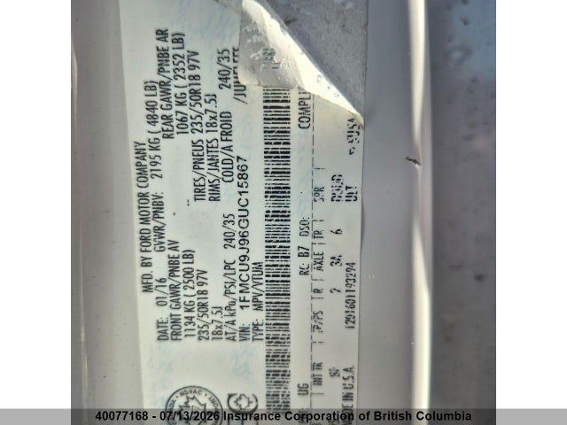 40077168 :رقم المزاد ، 1FMCU9J96GUC15867 vin ، 2016 Ford Escape Titanium مزاد بيع