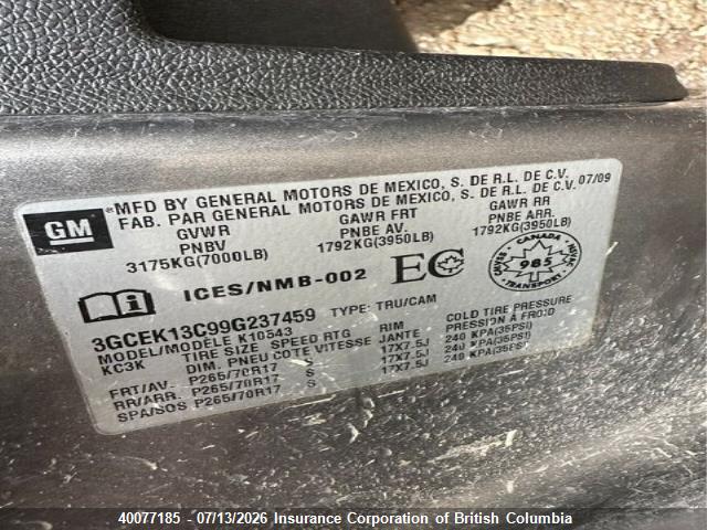Aukcja sprzedaży 2009 Chevrolet Silverado K1500/k1500 Ls, vin: 3GCEK13C99G237459, numer aukcji: 40077185